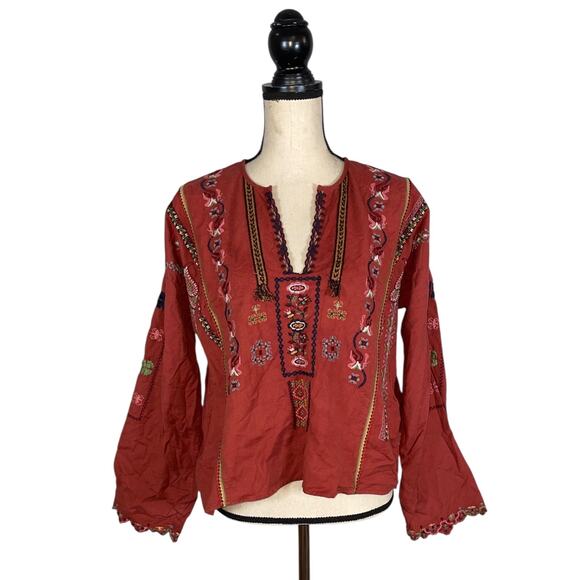 ZARA Embroidered Cotton Blouse in Terracotta Orange    Size: XS - Picture 3 of 6